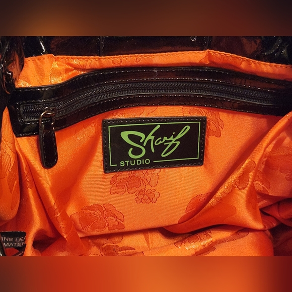 SHARIF 1827 Black Metallic Floral Python Embossed Italian Leather Satchel - Picture 5 of 15